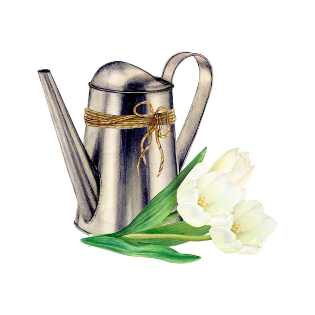 Watercolor Metal watering can with jute rope and white tulips