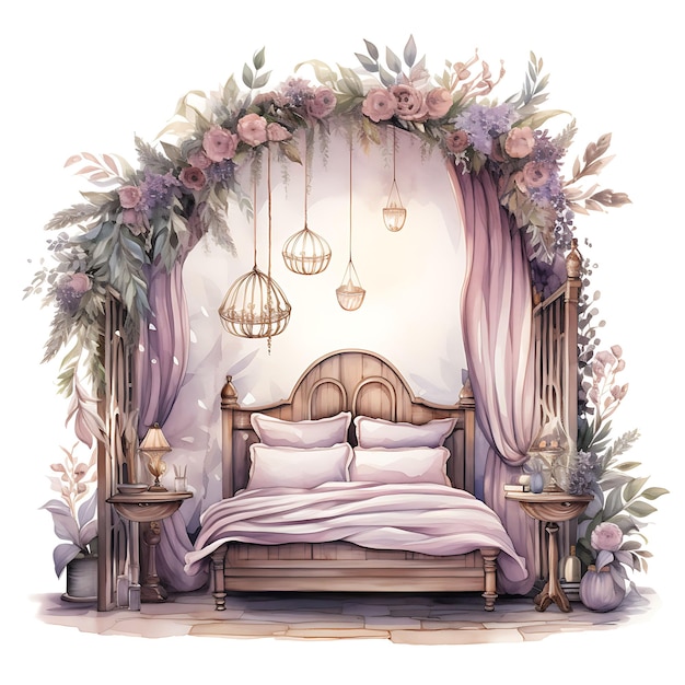 Watercolor of Midsummer Nights Dream a Room Inspired by Shak On White Background With Cozy Place