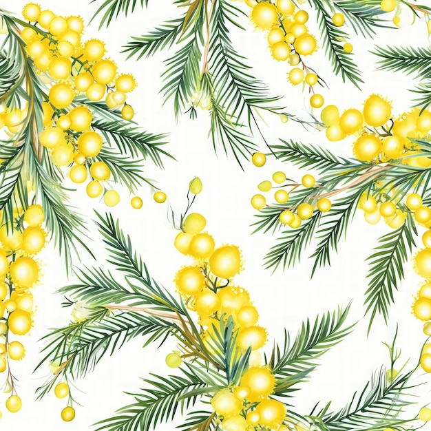 Watercolor mimosa flowers with leaves seamless pattern