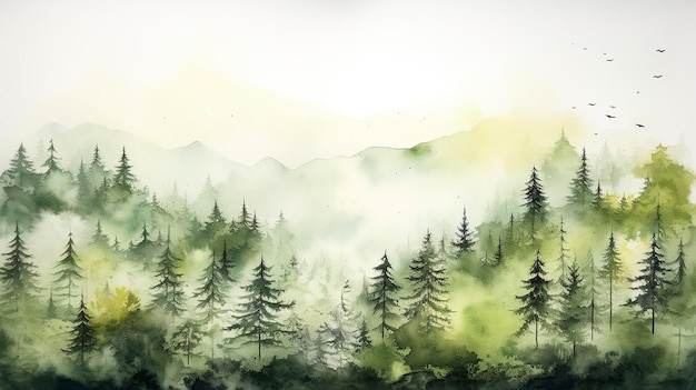 Watercolor Misty Forest Scene