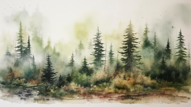 Watercolor Misty Forest Scene