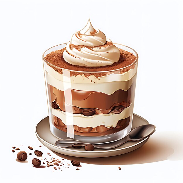 Photo watercolor of mocha tiramisu dessert cup porcelain cocoa powder coffee inf clipart tshirt design