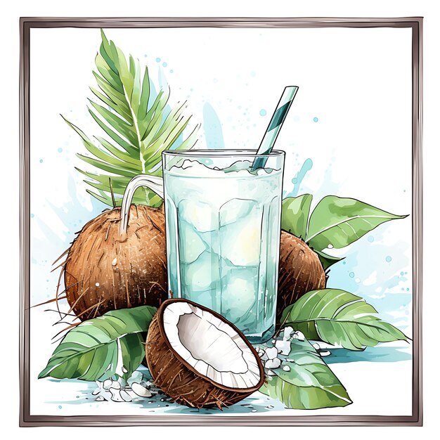 Photo watercolor of modern acrylic frame with es kelapa muda young coconut drink clipart tshirt design