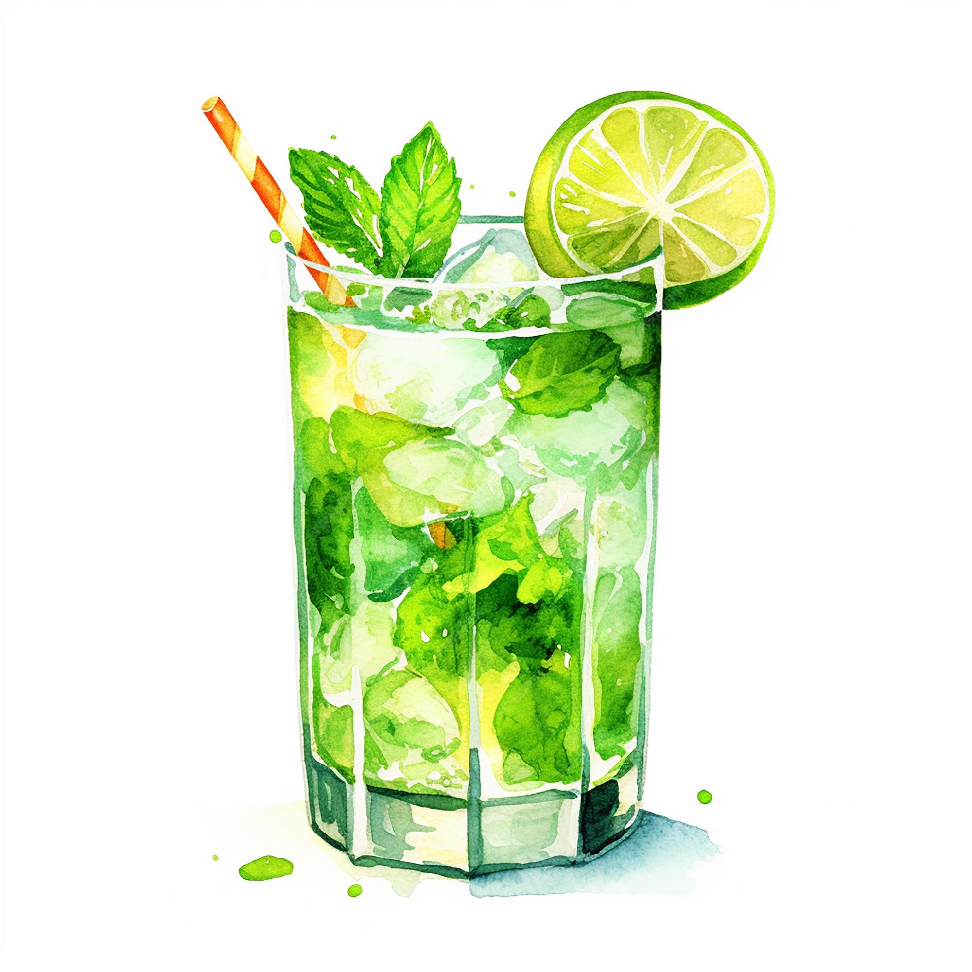 Premium AI Image Watercolor Mojito cocktail with mint and lime on the