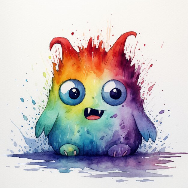 Watercolor Monster Playing in the Rain