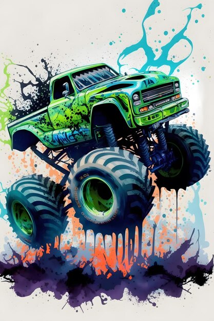 Photo watercolor monster truck on white background