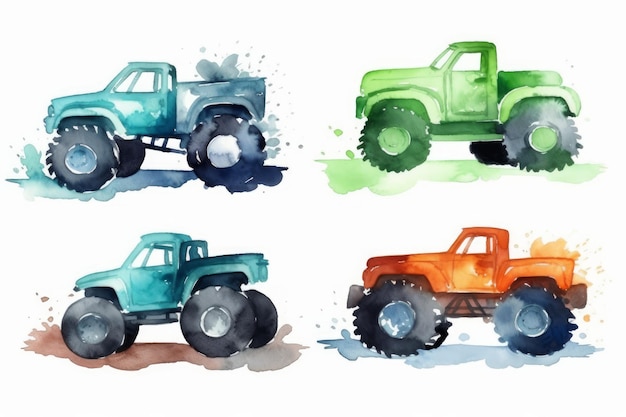 Акварельные грузовики-монстры на день рождения мальчика на белом фоне, созданные AI