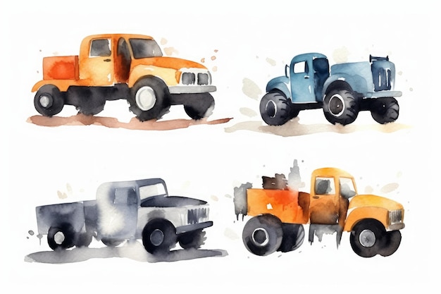 AI가 생성한 흰색 배경의 소년 생일을 위한 수채화 몬스터 트럭
