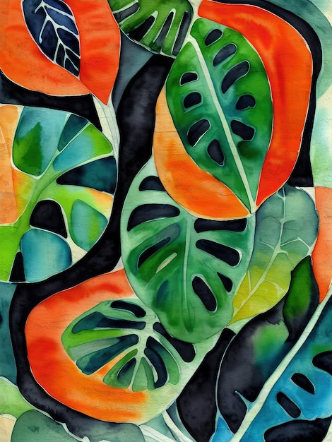 Foto acquerello modello monstera giungla tropicale foglie pittura sfondo acrilico