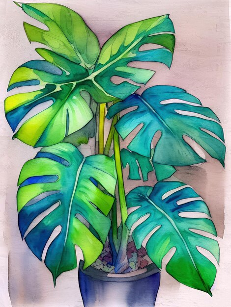 Watercolor Monstera Plant Acrylic Painting Floral Botanical Background
