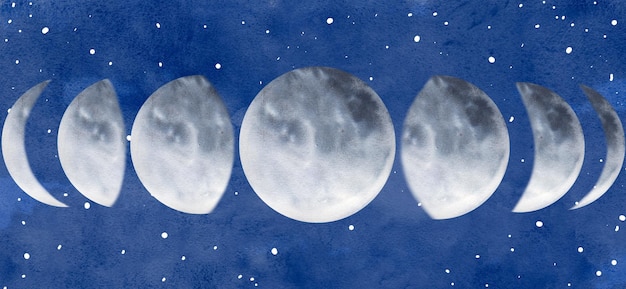 Watercolor moon phases Hand painted various phases isolated on night sky background