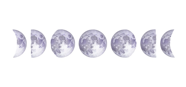 Photo watercolor moon phases on white background