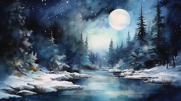 Watercolor Moonlit Night