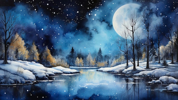 Photo watercolor moonlit night