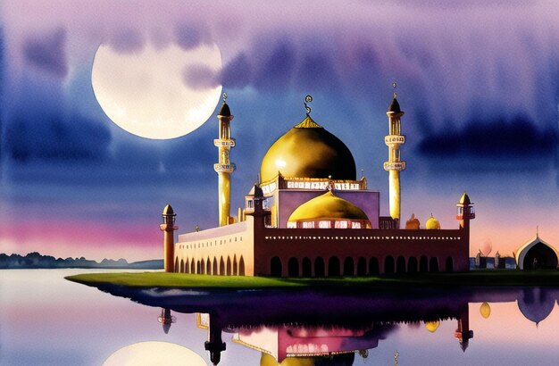 Watercolor Mosque for Ramadan Kareem Eid Greetings for Muslim Festival of fasting Islamic Culture Holy month Generative AI