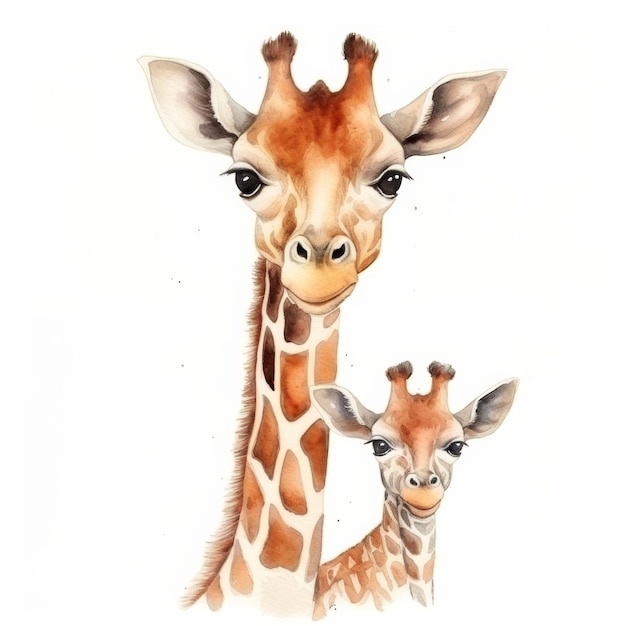 Watercolor Mother and Baby Giraffe Portrait