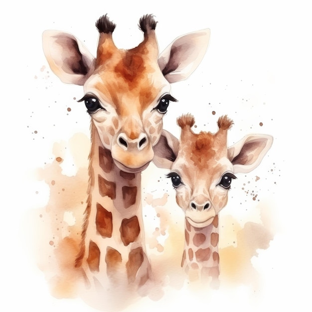 Watercolor Mother and Baby Giraffe Portrait