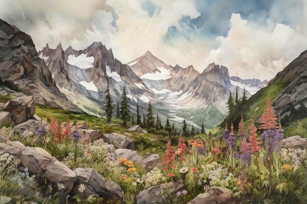 Watercolor mountain autumn landscape with snow on the peaks Generative AI