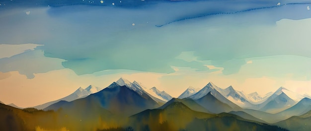 Watercolor mountain autumn landscape with snow on the peaks Panorama Generative AI