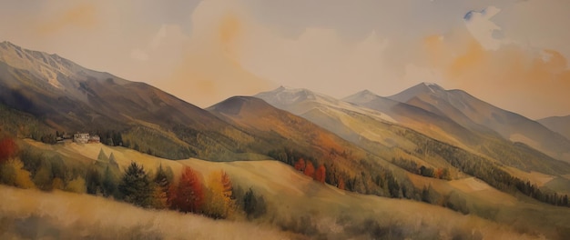 Watercolor mountain autumn landscape with snowy peaks Panorama Generative AI