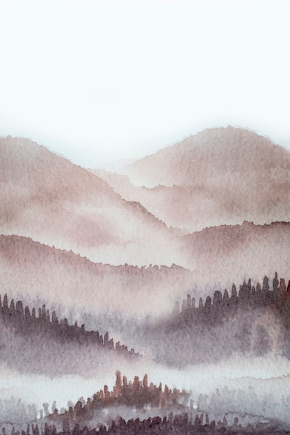 Photo watercolor mountain background drawn by brush paints nature on paper texture