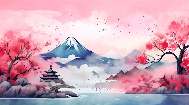 watercolor mountain and lake in japan generative AI