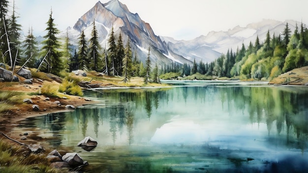 Watercolor Mountain Lake Reflections