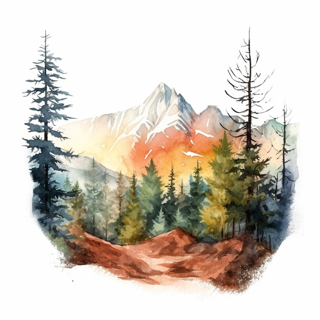 Watercolor mountain landscape with coniferous forest Hand drawn illustration