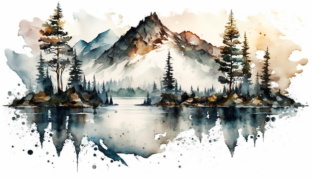 watercolor mountain on a paper white background texture A lovely watercolor painting with a lake  pi