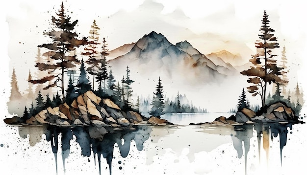 watercolor mountain on a paper white background texture A lovely watercolor painting with a lake  pi