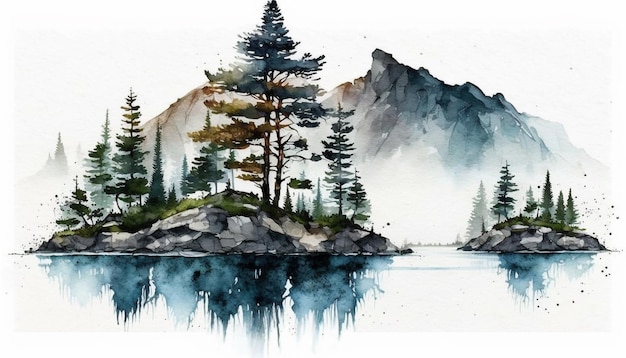 watercolor mountain on a paper white background texture A lovely watercolor painting with a lake  pi