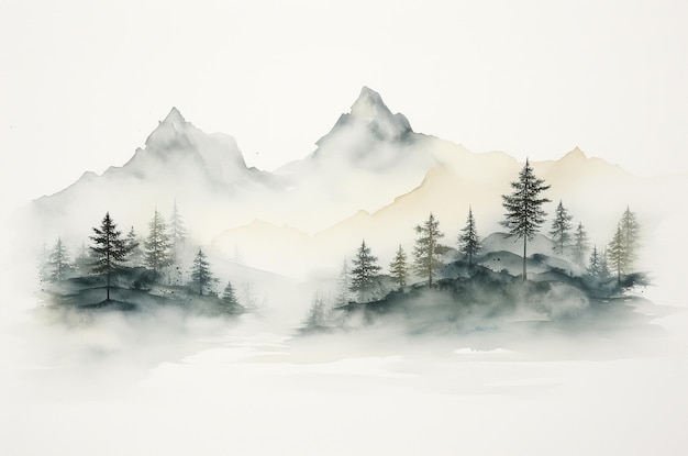 Watercolor mountains and forest Generative ai
