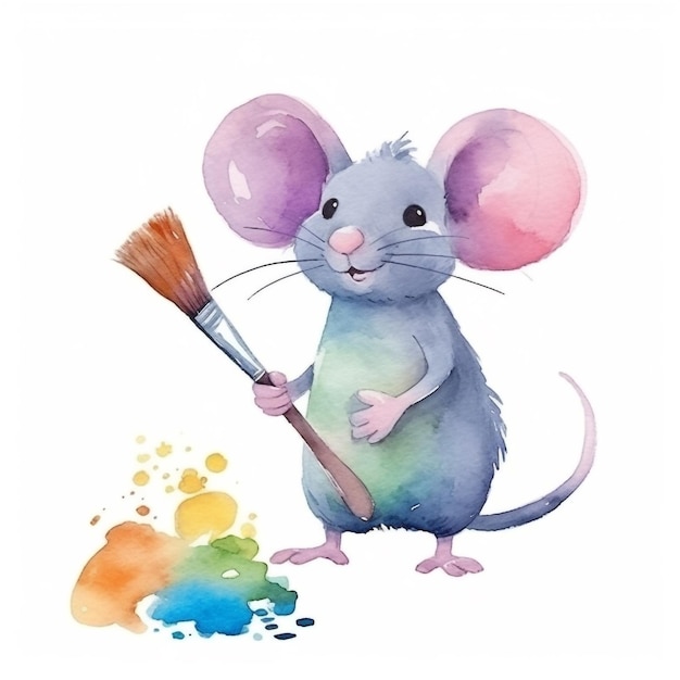 Watercolor mouse painting a rainbow