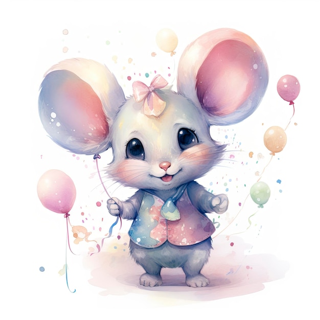 Watercolor mouse with balloons