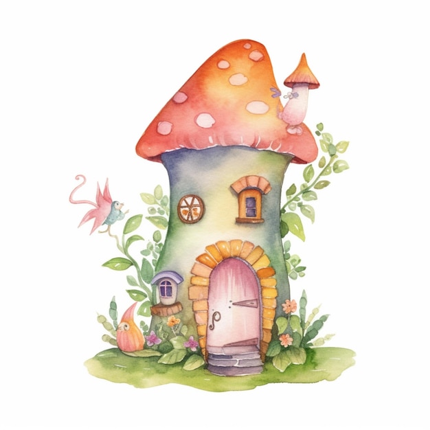 Watercolor mushroom house with a door and a door.