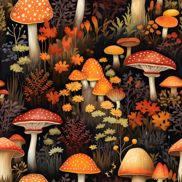 Watercolor mushroom seamless pattern background ai generated