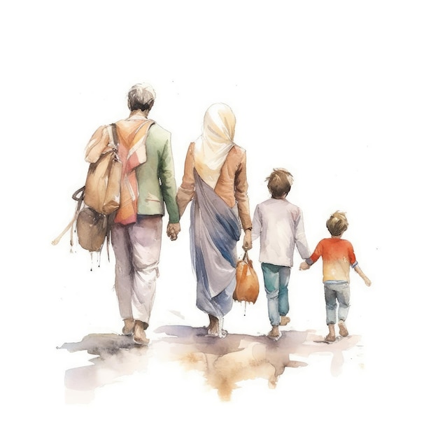 Watercolor of a muslim family walking towards