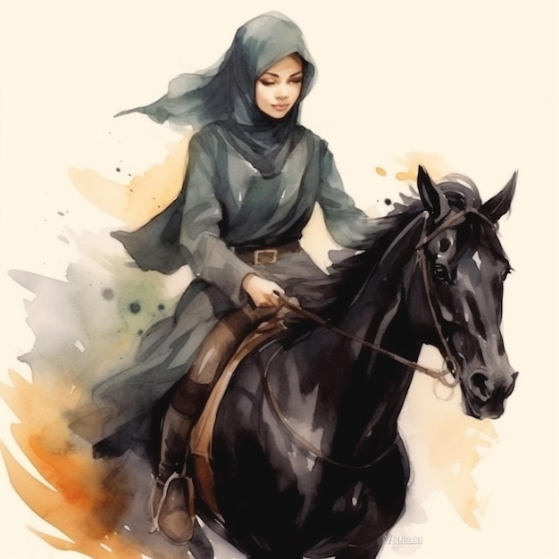 Watercolor Muslim Girl Riding Horse