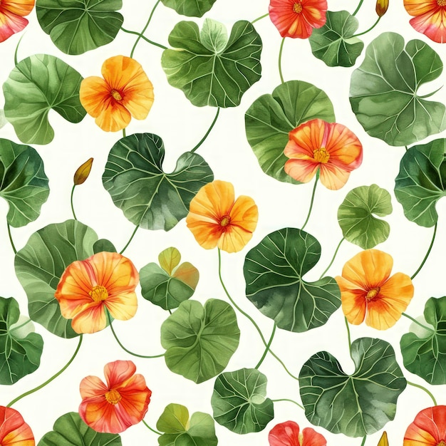 Watercolor nasturtium flowers with leaves seamless pattern