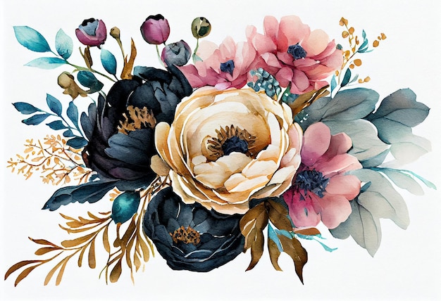 Watercolor navy blue pink and black color peony bouquet over white background Generative ai