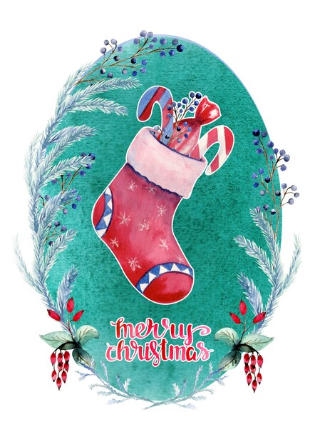 Watercolor New Year's card with Red sock with