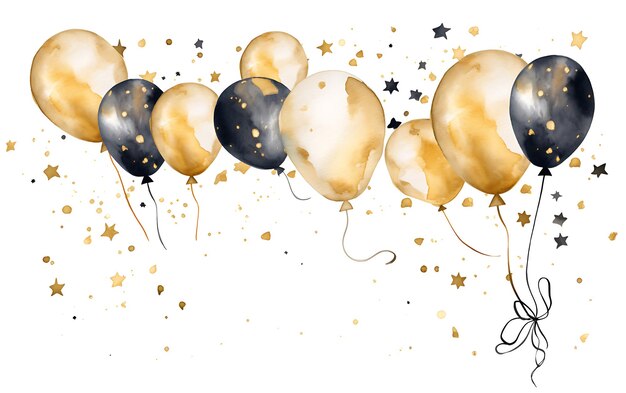 акварель новый год рамка овальная золотая звезда воздушные шары