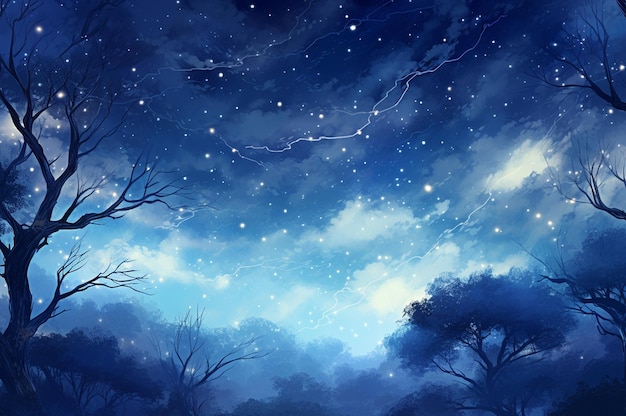 Watercolor night forest landscape galaxy