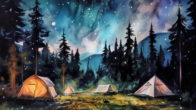 Watercolor night landscape camping in the forest in the mountains under the starry sky generated ai