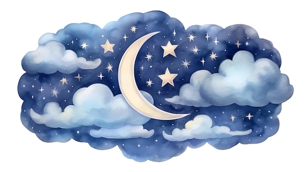 Watercolor night landscape with moon clouds and stars