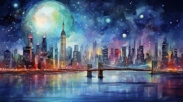 Watercolor nighttime city lights