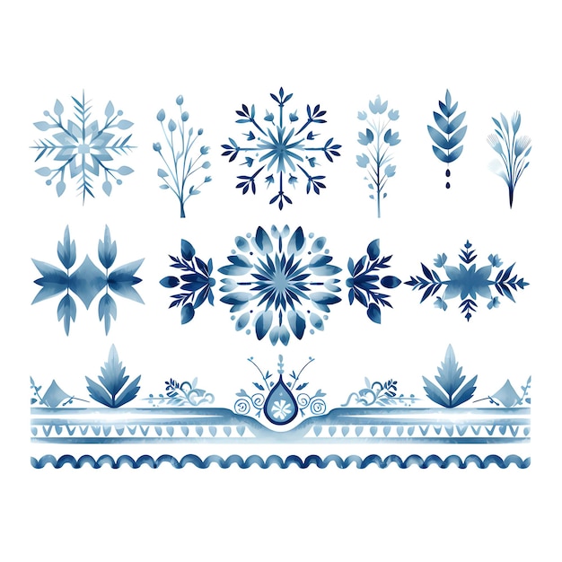 북유럽 얼음의 수채화 경계선 눈송이와 사 ⁇  기호 Objec Clipart 2D 평평한 디자인