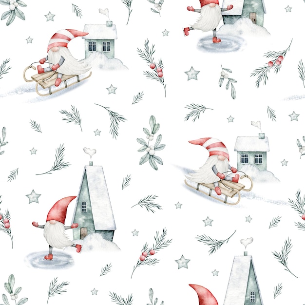 Watercolor Nordic Scandinavian gnome seamless pattern Dwarfs skating sledding house and rosemary on