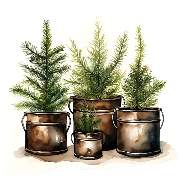 Watercolor of Norfolk Pine Metal Pots With Copper Wire Forest Greens Basic Digital Illustration Art