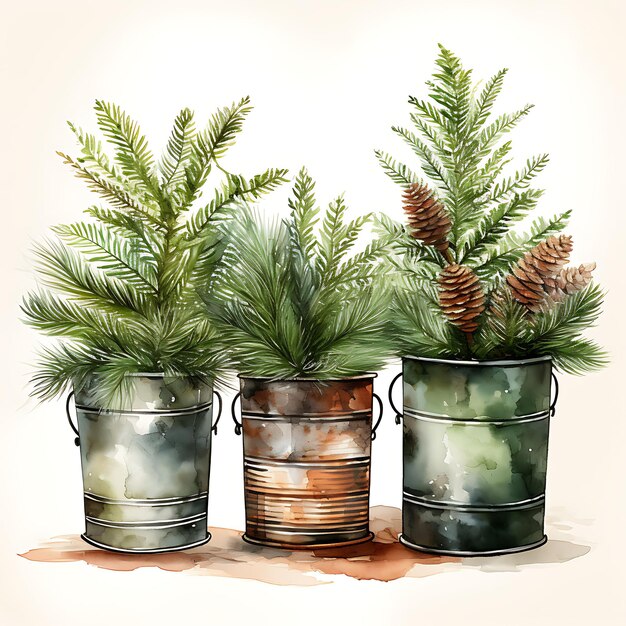 Watercolor of Norfolk Pine Metal Pots With Copper Wire Forest Greens Basic Digital Illustration Art